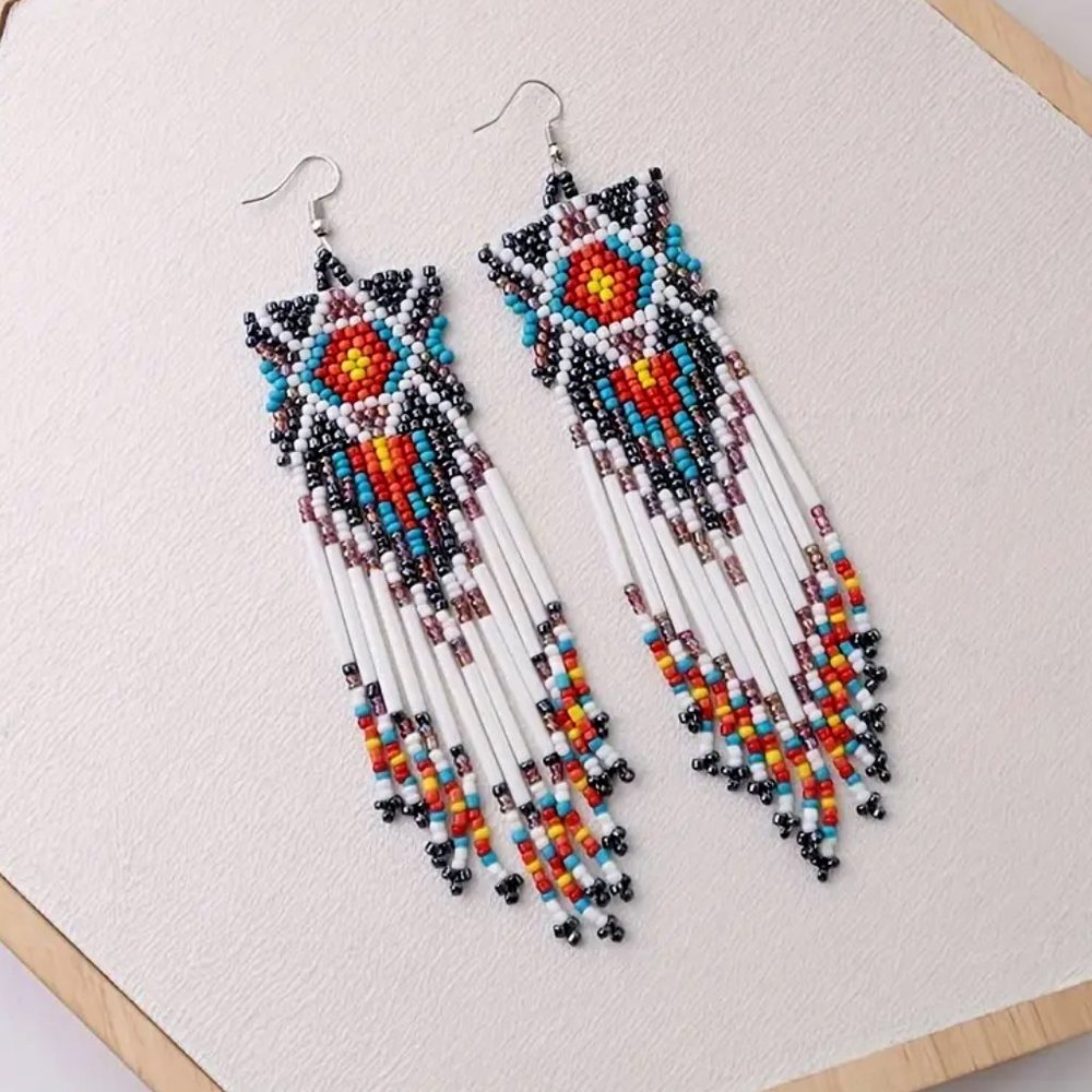 Beautiful Handmade Native Vintage Long Bead Tassel • Tribal Earrings